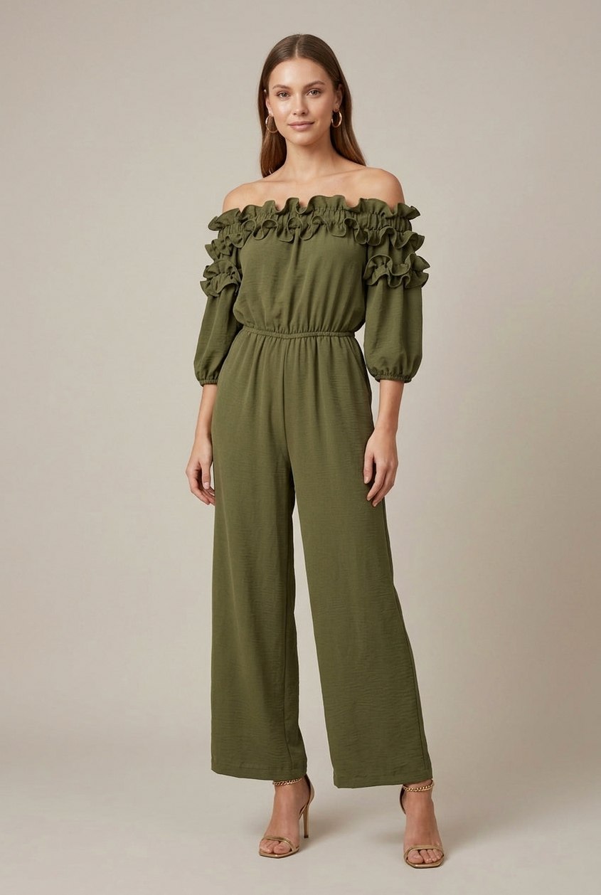 Ruffle Off Shoulder Wide Leg Jumpsuit