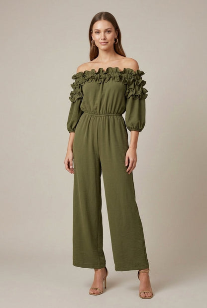 Ruffle Off Shoulder Wide Leg Jumpsuit