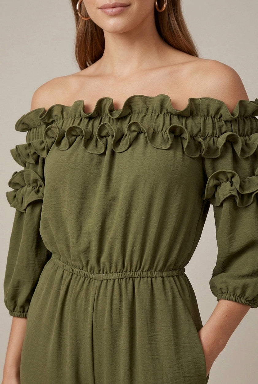 Ruffle Off Shoulder Wide Leg Jumpsuit