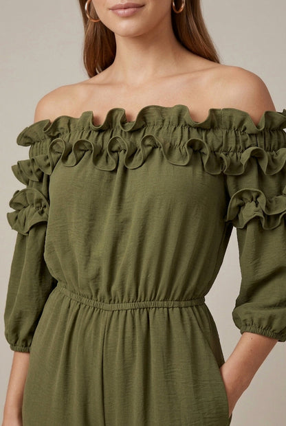 Ruffle Off Shoulder Wide Leg Jumpsuit