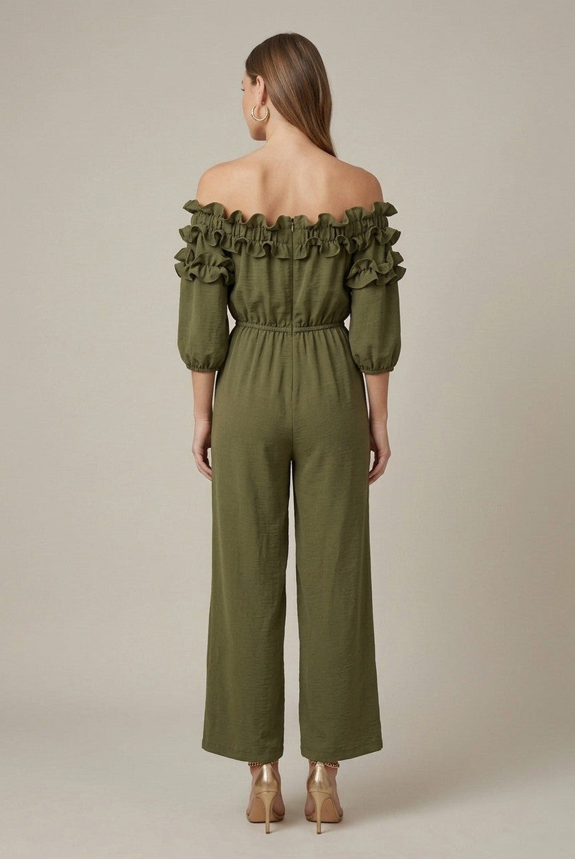 Ruffle Off Shoulder Wide Leg Jumpsuit