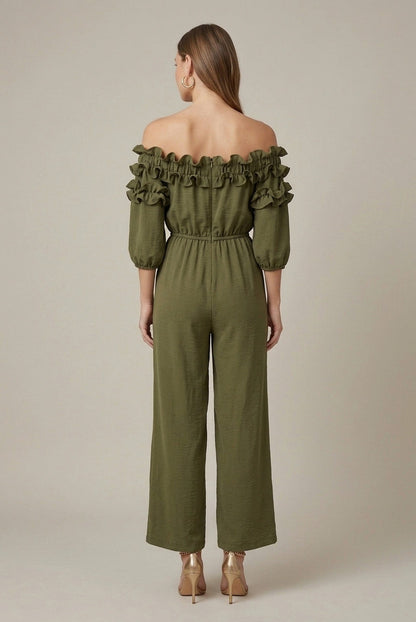 Ruffle Off Shoulder Wide Leg Jumpsuit