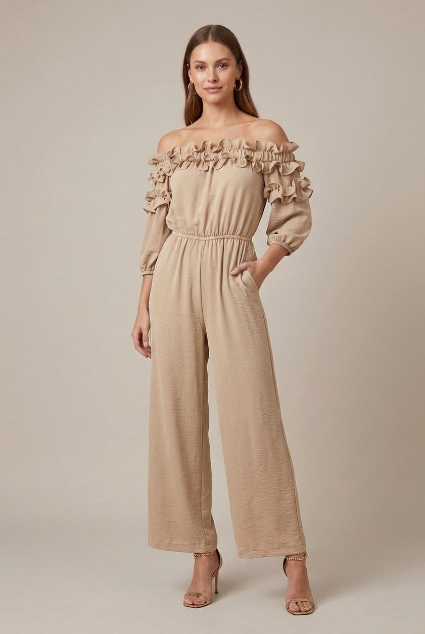 Ruffle Off Shoulder Wide Leg Jumpsuit