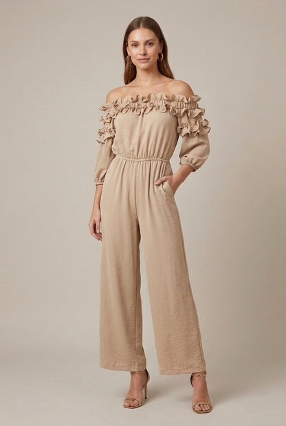 Ruffle Off Shoulder Wide Leg Jumpsuit