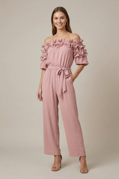 Ruffle Off Shoulder Wide Leg Jumpsuit