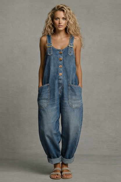 Denim Button Front Dungaree Jumpsuit