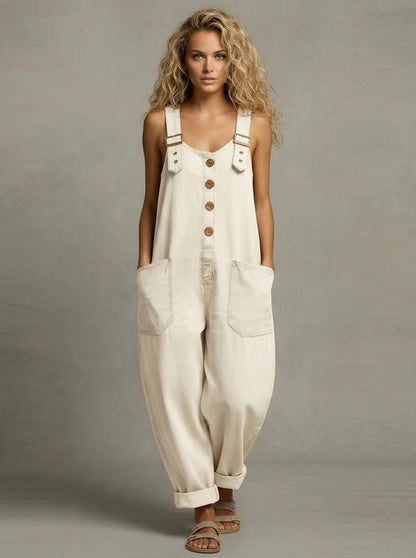 Denim Button Front Dungaree Jumpsuit
