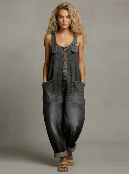 Denim Button Front Dungaree Jumpsuit