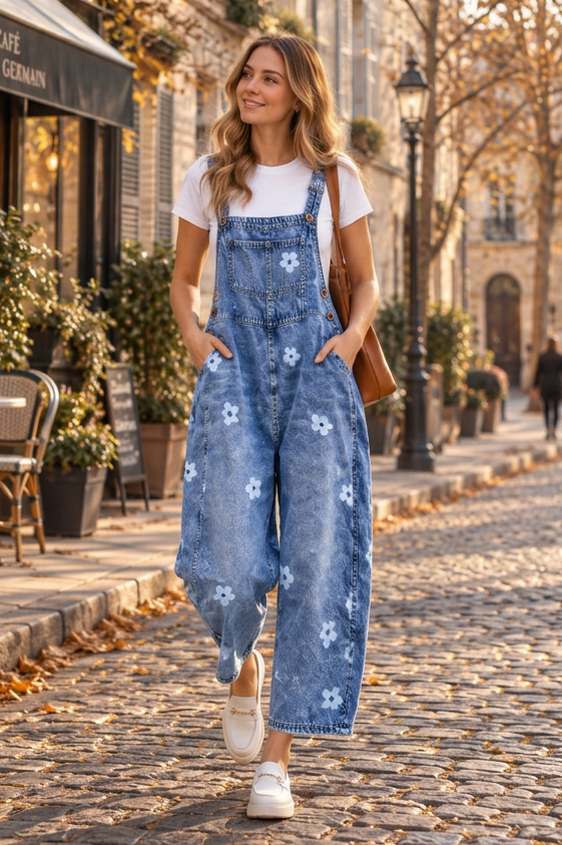 Floral Print Wide Leg Dungarees