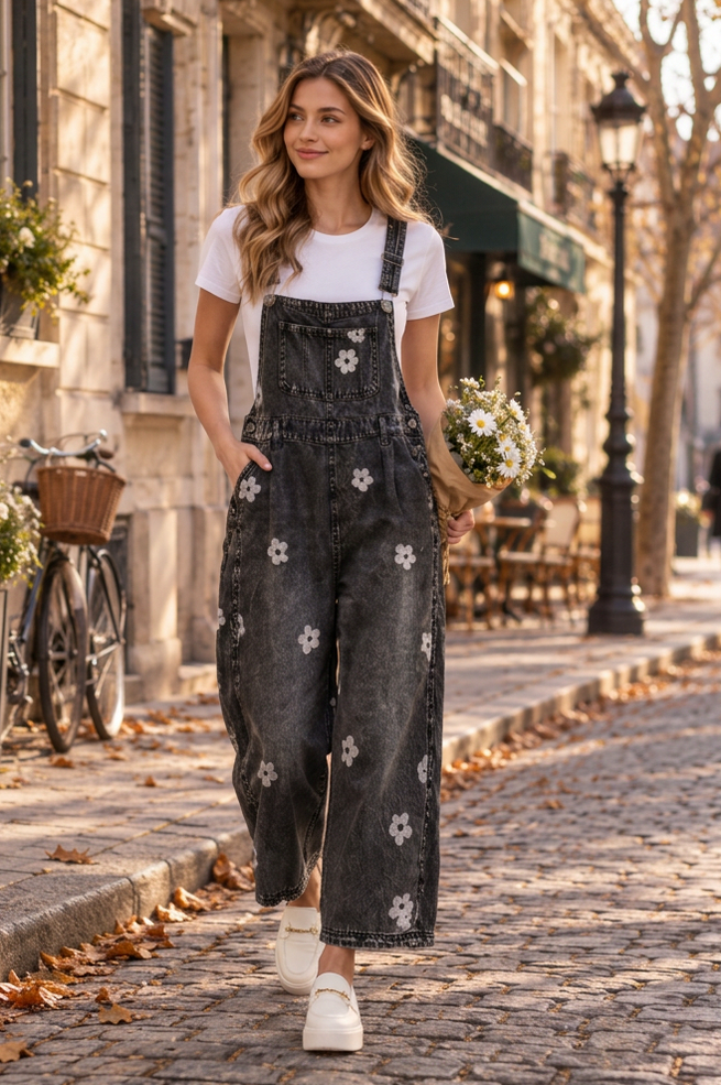 Floral Print Wide Leg Dungarees