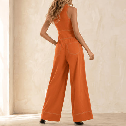 Denim Look Halter Wide Leg Jumpsuit