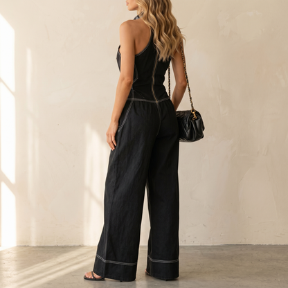 Denim Look Halter Wide Leg Jumpsuit