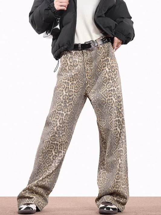 Leopard Print High Waist Straight Leg Jeans