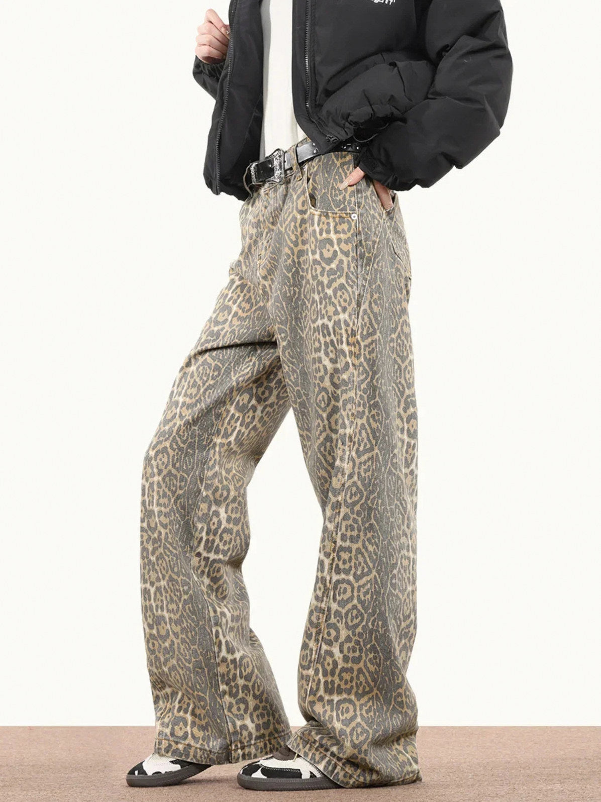 Leopard Print High Waist Straight Leg Jeans