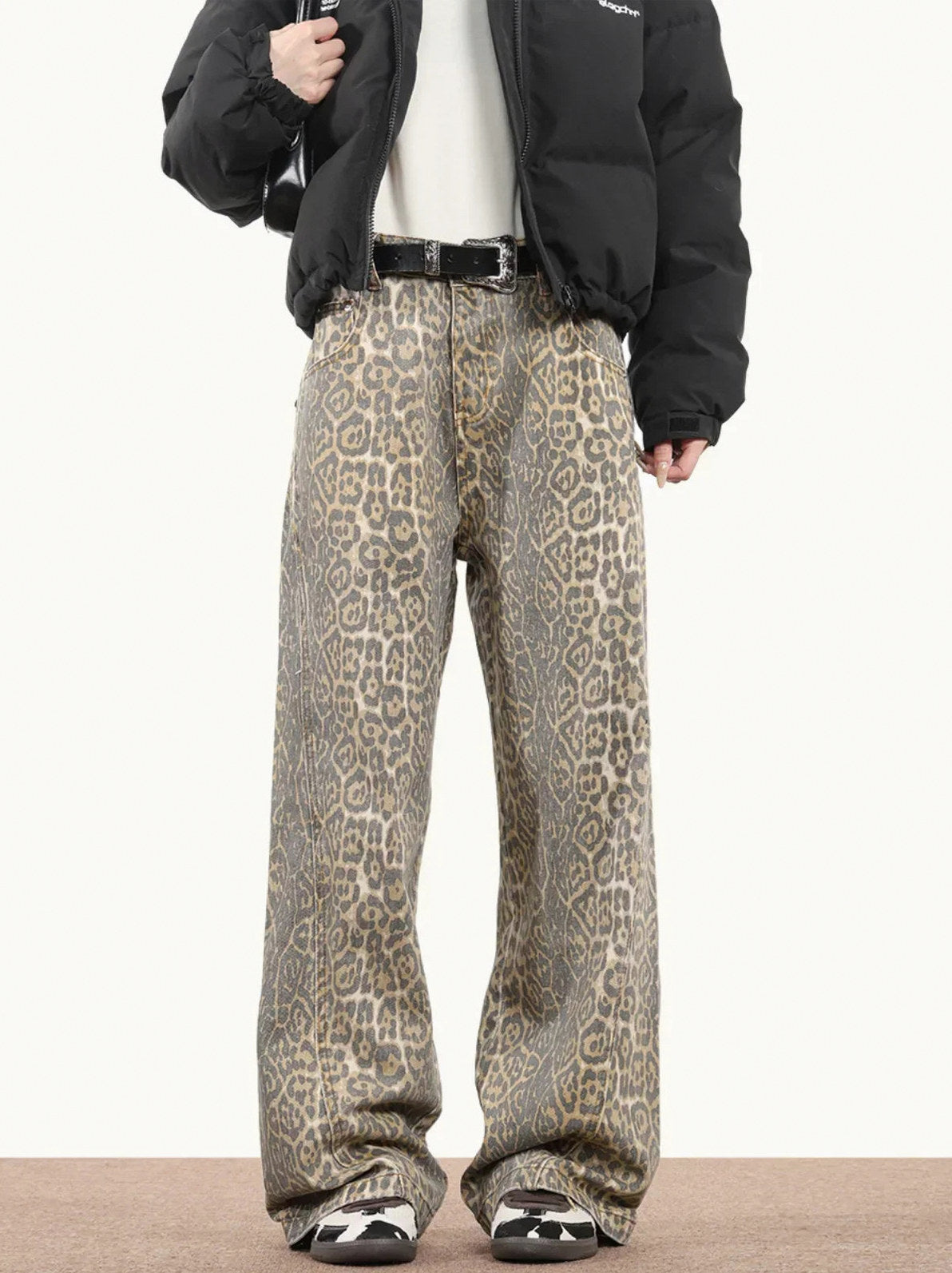 Leopard Print High Waist Straight Leg Jeans