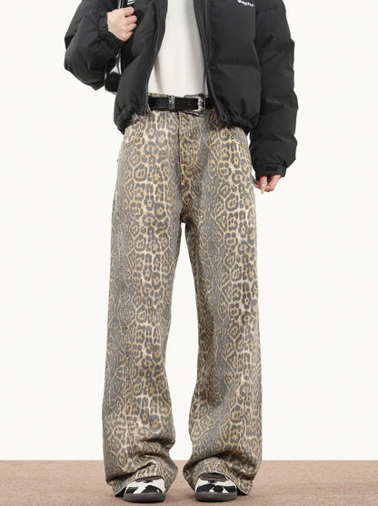 Leopard Print High Waist Straight Leg Jeans