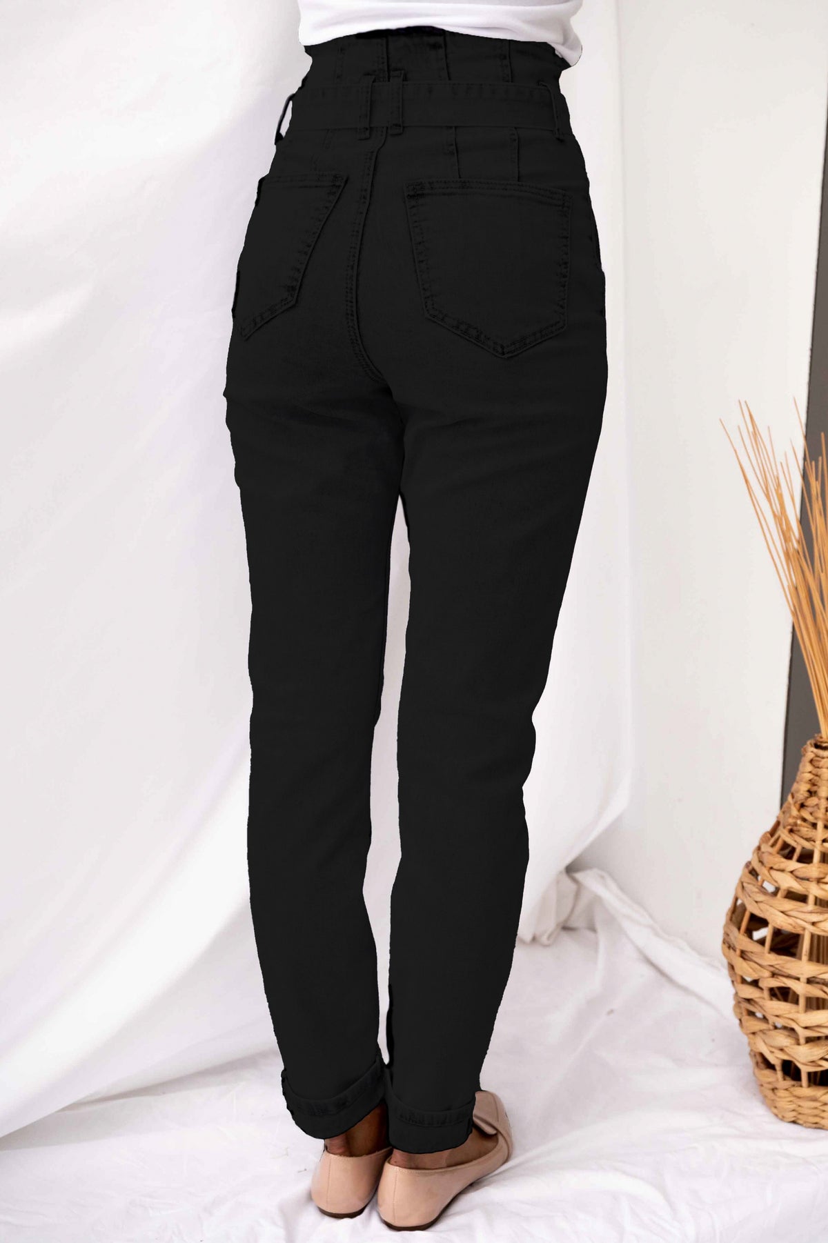 Denim Paperbag High Waist Straight Leg Jeans
