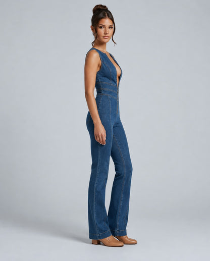 Denim Sleeveless Zip Front Jumpsuit