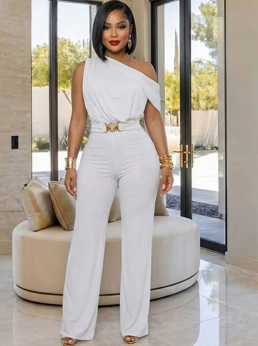 Draped One Shoulder Wide Leg Jumpsuit
