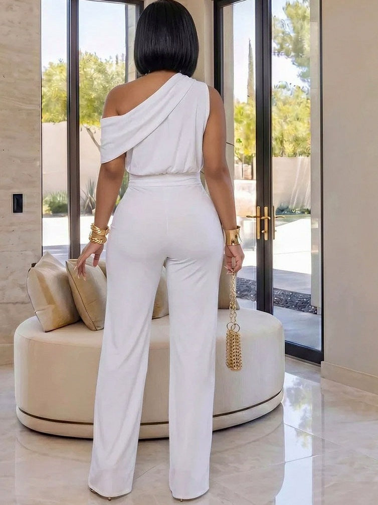 Draped One Shoulder Wide Leg Jumpsuit