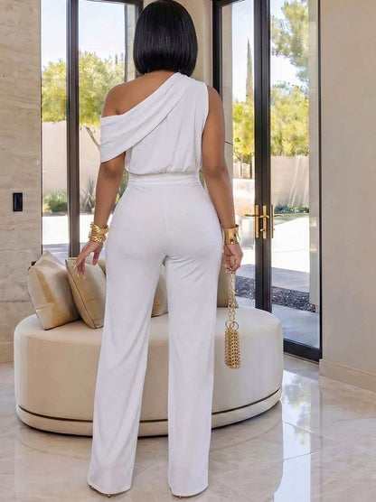 Draped One Shoulder Wide Leg Jumpsuit