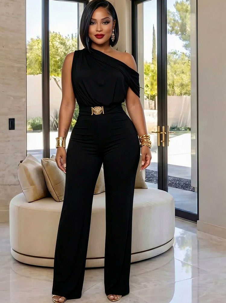 Draped One Shoulder Wide Leg Jumpsuit