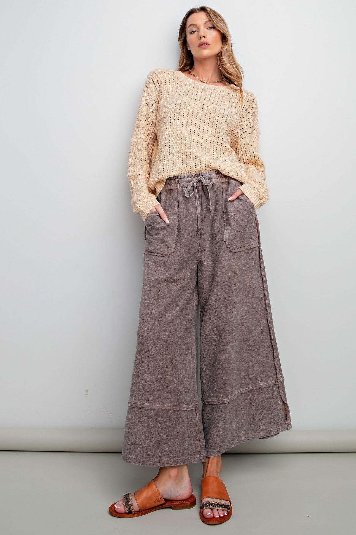 Terry Drawstring Wide Leg Palazzo Trousers