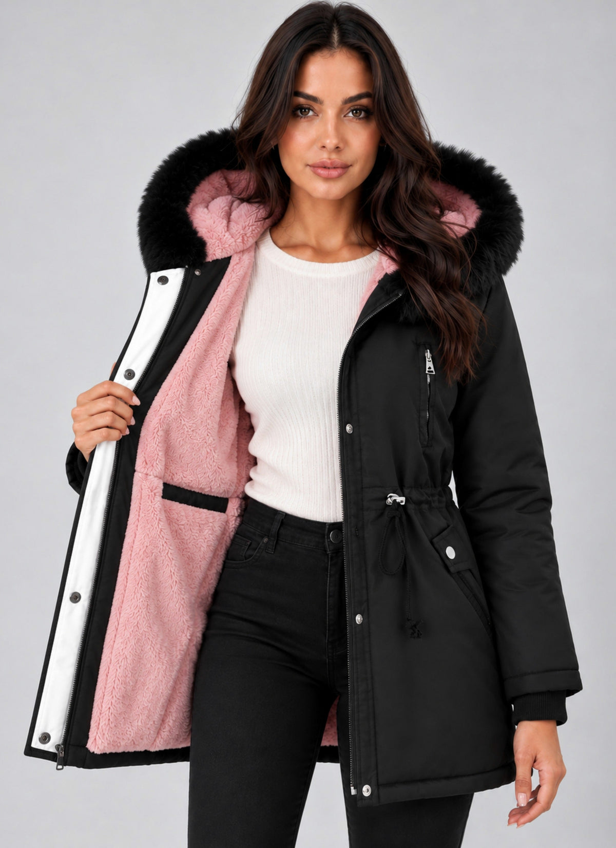Faux Fur Hood Parka Coat