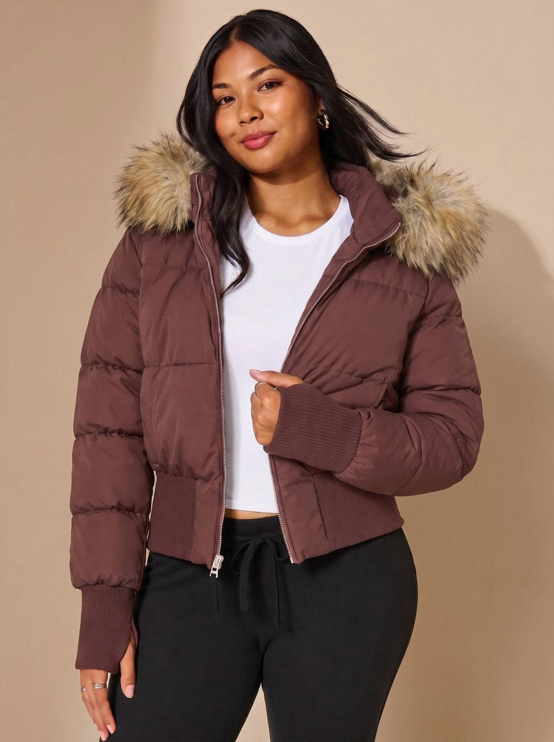 Faux Fur Trim Hooded Puffer Jacket
