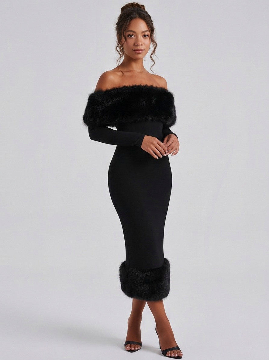 Faux Fur Trim Long Sleeve Midi Dress
