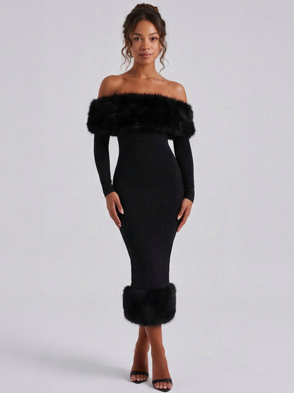Faux Fur Trim Long Sleeve Midi Dress