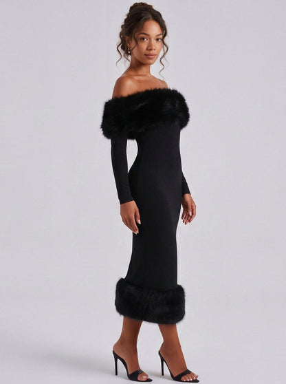 Faux Fur Trim Long Sleeve Midi Dress