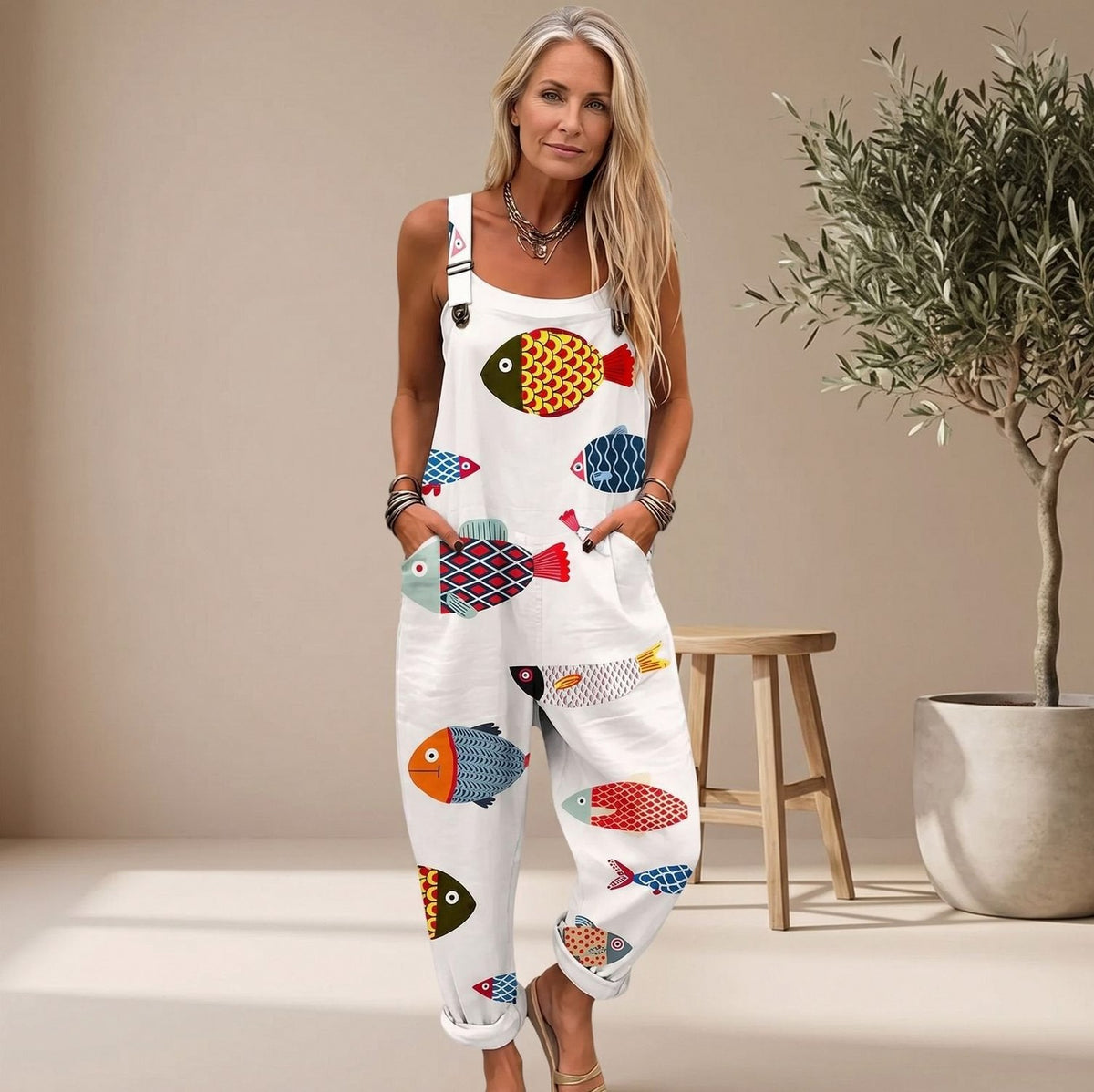 Fish Print Relaxed Dungaree Jumpsuit