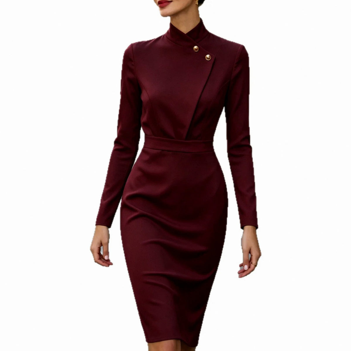 High Neck Asymmetric Button Midi Dress