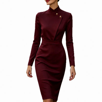 High Neck Asymmetric Button Midi Dress