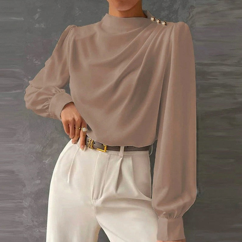 High Neck Long Sleeve Draped Blouse