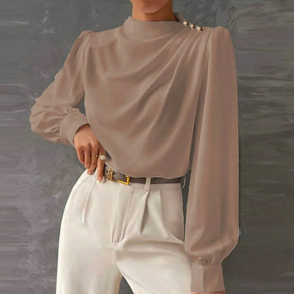 High Neck Long Sleeve Draped Blouse