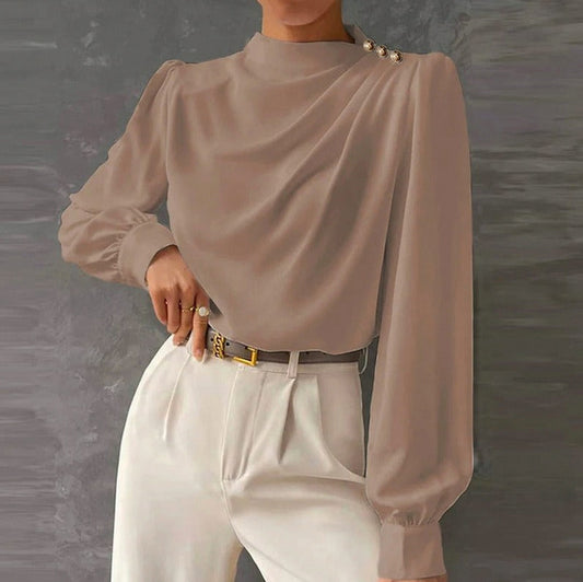 High Neck Long Sleeve Draped Blouse