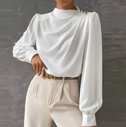High Neck Long Sleeve Draped Blouse