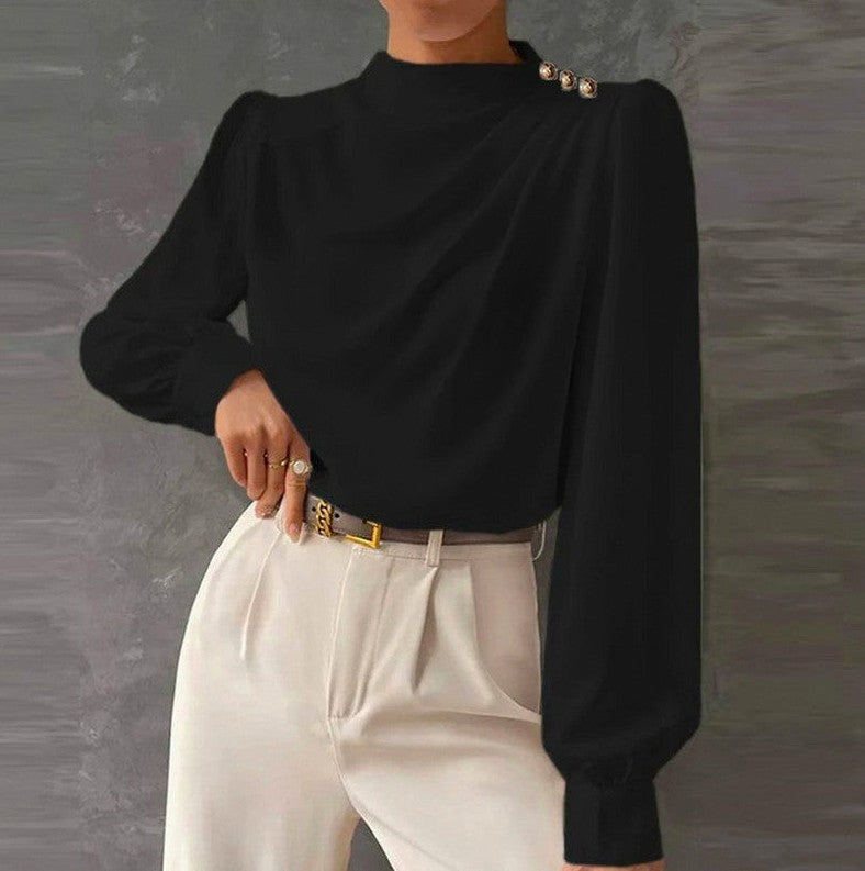 High Neck Long Sleeve Draped Blouse