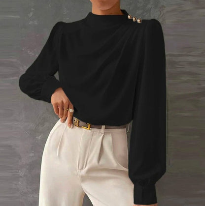 High Neck Long Sleeve Draped Blouse