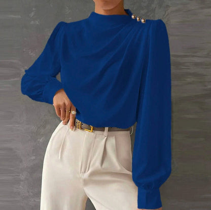 High Neck Long Sleeve Draped Blouse