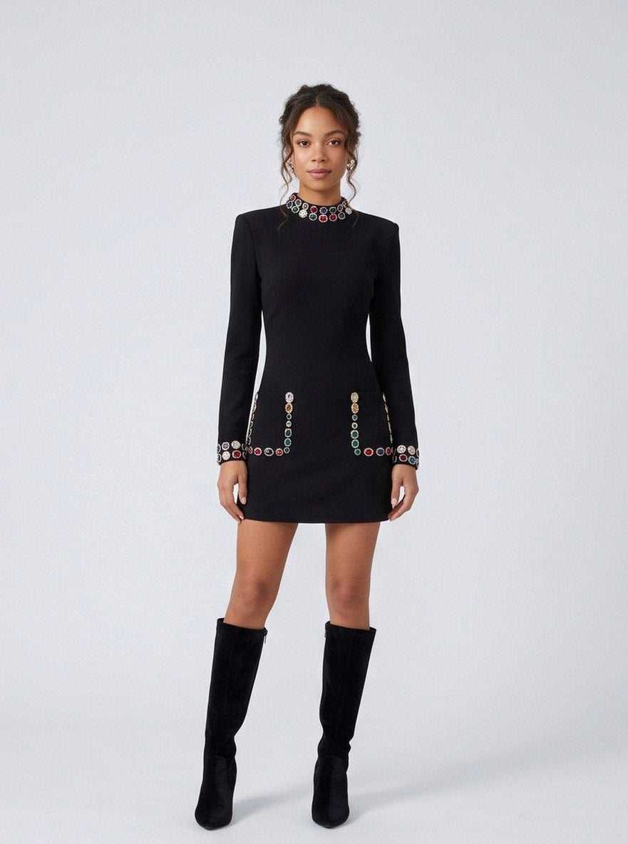 High Neck Long Sleeve Embellished Mini Dress