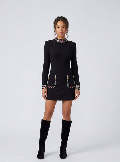 High Neck Long Sleeve Embellished Mini Dress
