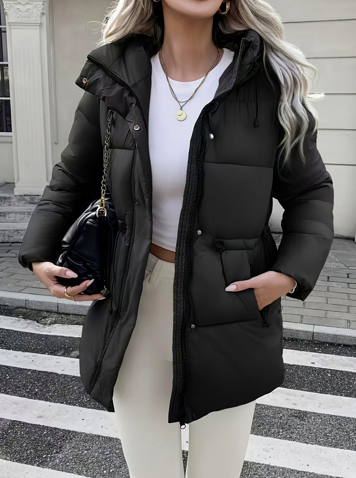 Hooded Drawstring Waist Puffer Coat
