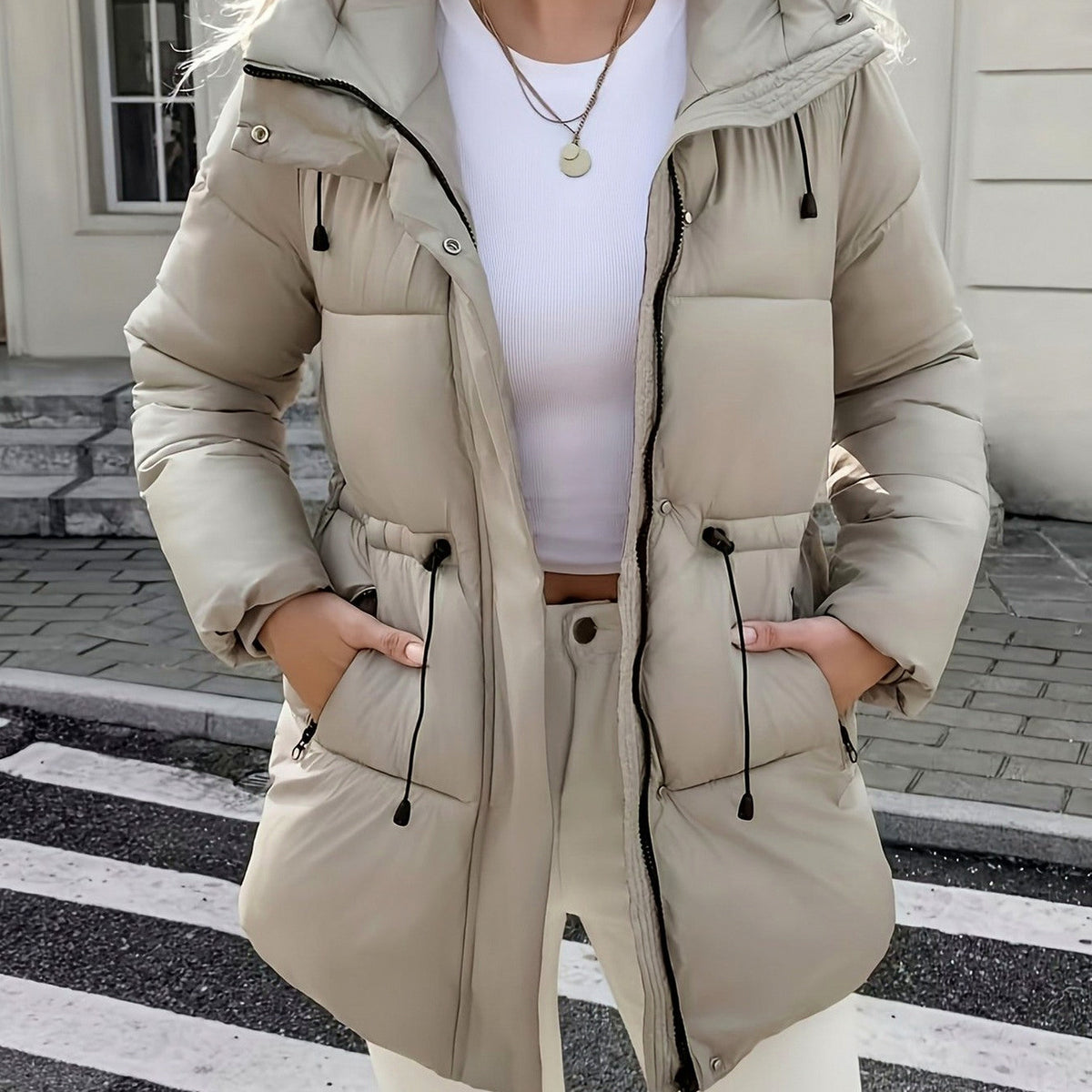 Hooded Drawstring Waist Puffer Coat