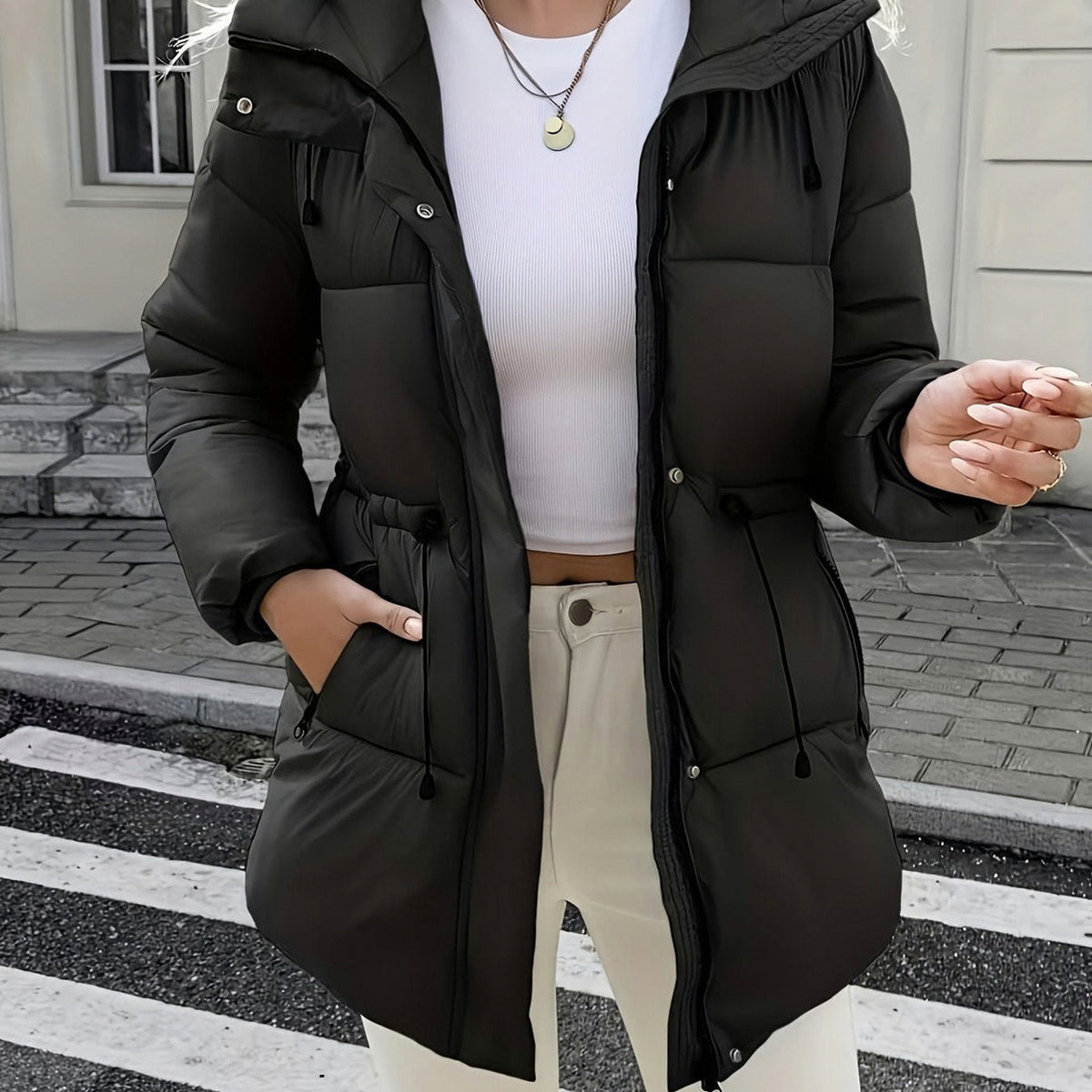 Hooded Drawstring Waist Puffer Coat