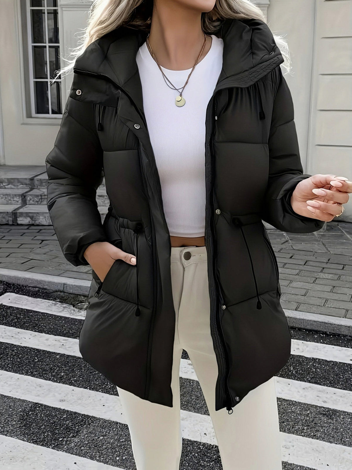 Hooded Drawstring Waist Puffer Coat