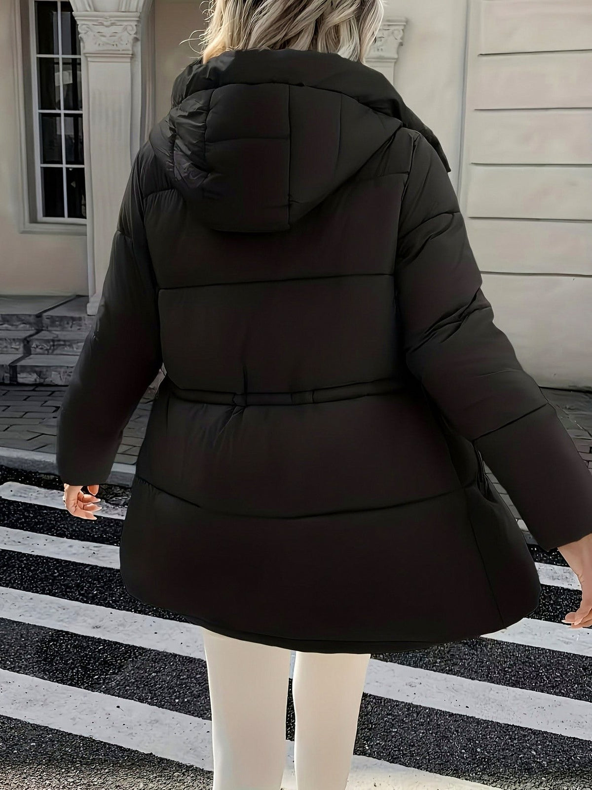 Hooded Drawstring Waist Puffer Coat