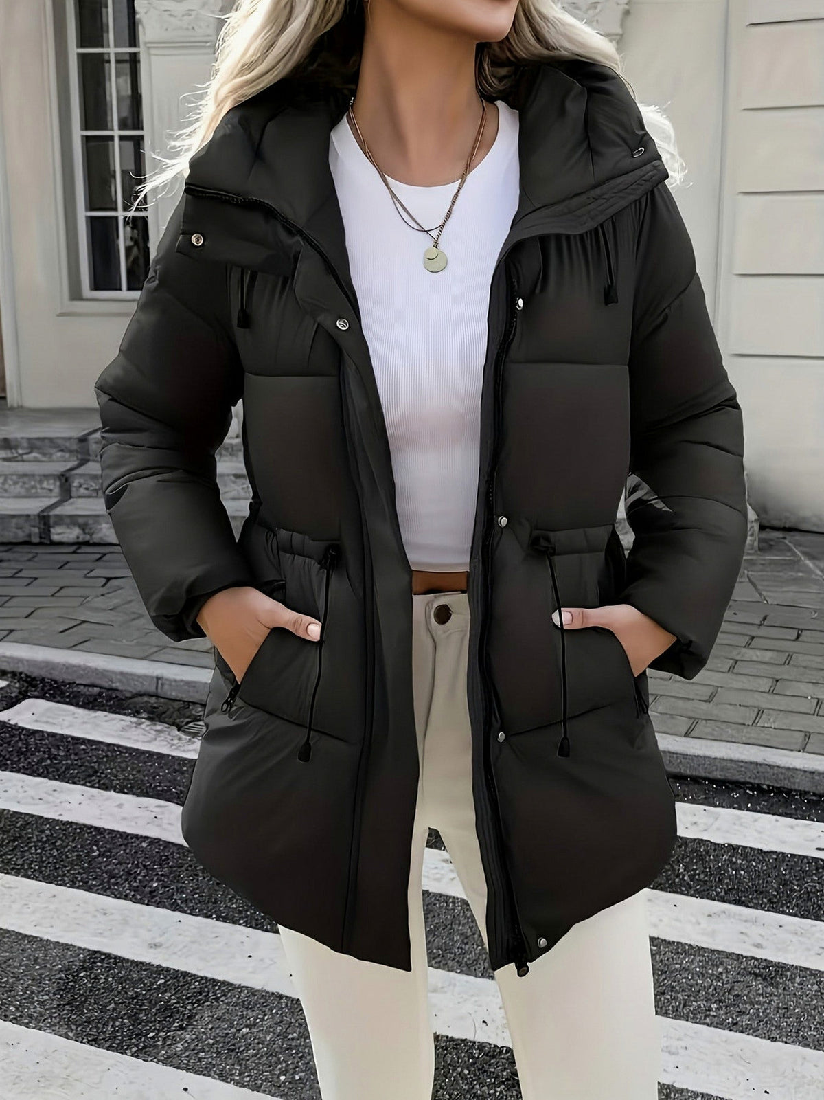 Hooded Drawstring Waist Puffer Coat
